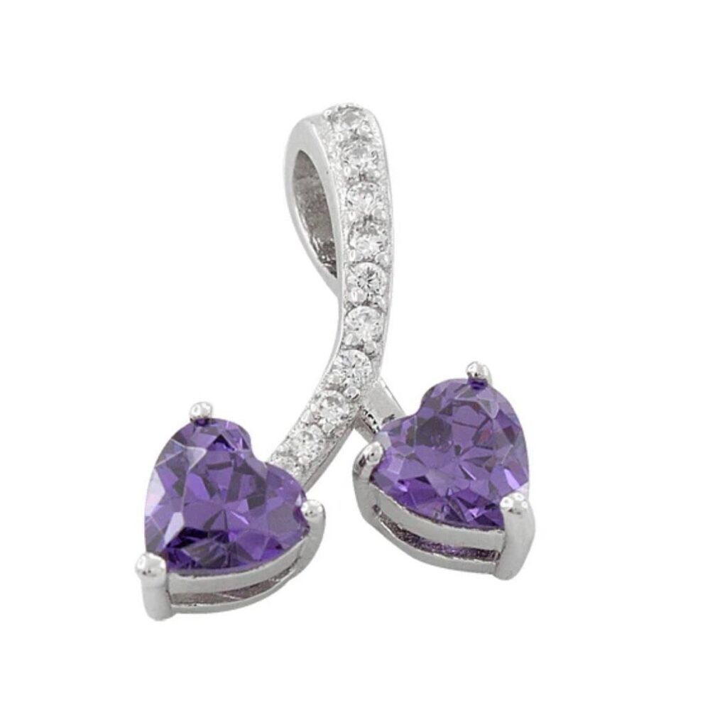 Sterling Silver Amethyst Cherry Hearts Cz Necklace Pendant New